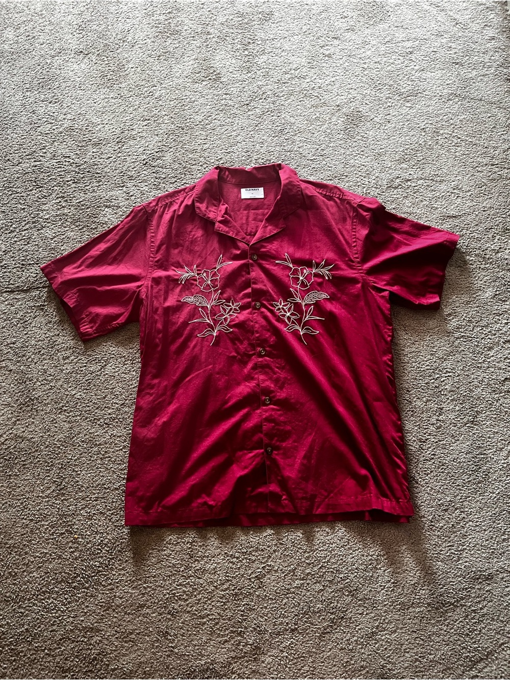 Old Navy Men's Short-Sleeve Burgundy Button-Up with Embroidered Floral Detail